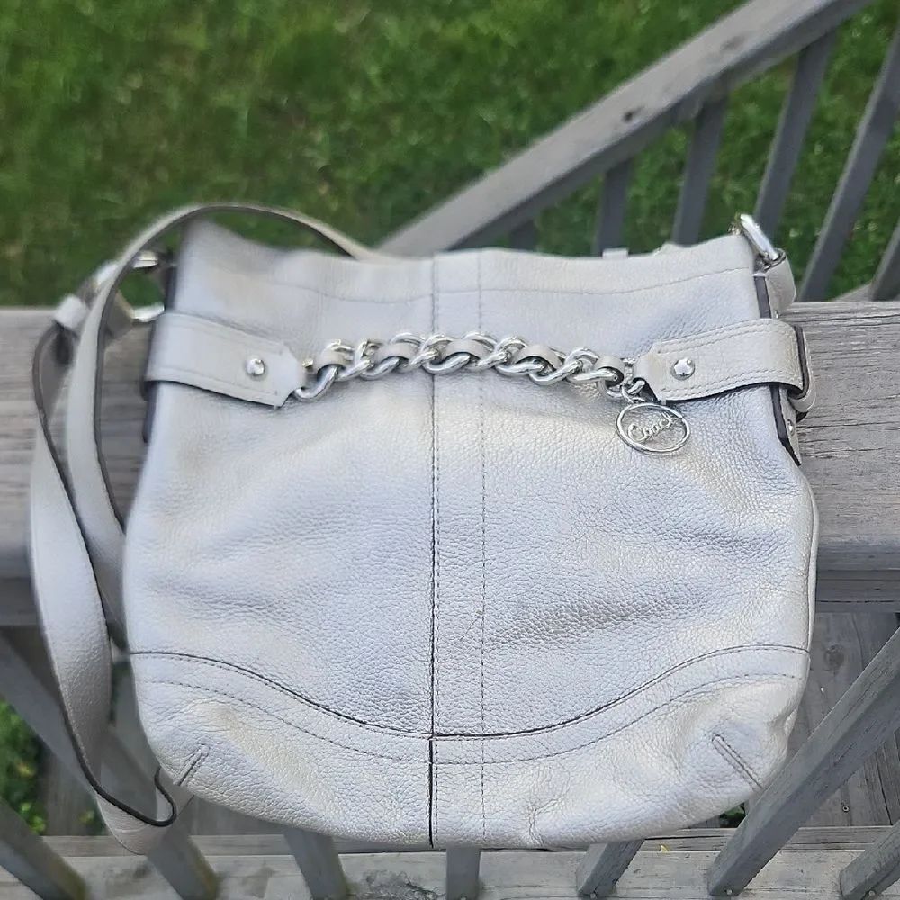 Coach Metallic Silver Leather Chain Duffle Crossbody Bag